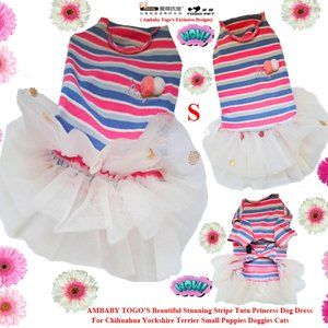 AMBABY Princess Tutu Puppy Dress Stripe Shirt For Girl Small Dogs Yorkie Clothes